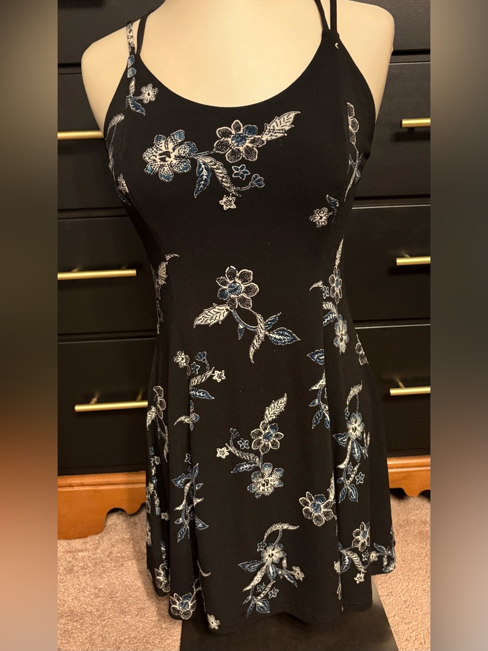 Aeropostale Black lined Mini Dress with Blue and White Floral Accents
